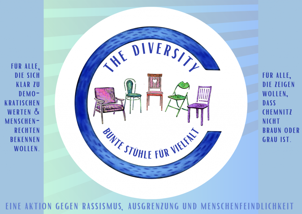 Vorderseite des Logos der Aktion C the Diversity - Bunte Stühle für Vielfalt. Das C umrahmt das Logo. In der Mitte sind verschiedene bunte Stühle.